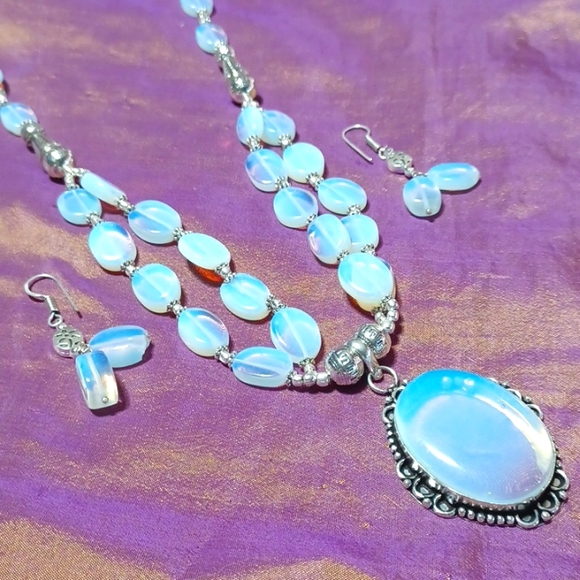 Opalite necklace earrings set handmade silver beaded  rainbow pendant glass gem - Picture 2 of 10